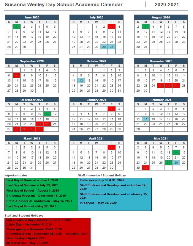 Susanna Day School 2020-2021 Calendar – Tomball Methodist Church