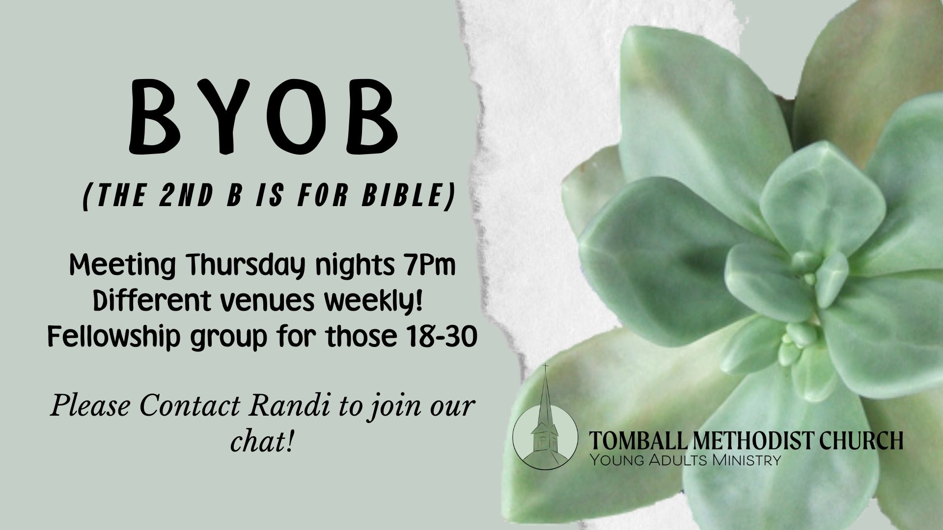 Young Adults BYOB (The 2nd B Is For Bible) – Tomball Methodist Church