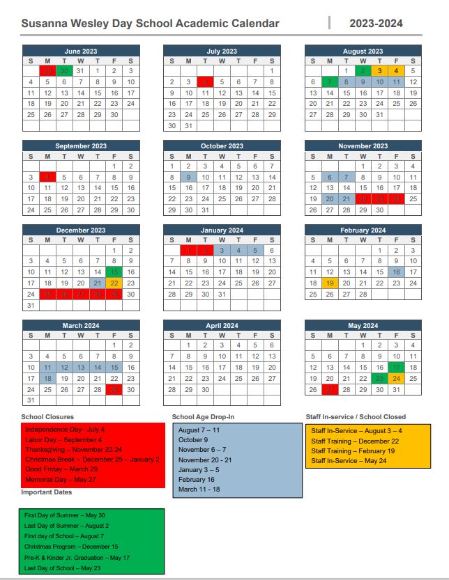 Susanna Wesley Day School Academic Calendar 20232024 Tomball